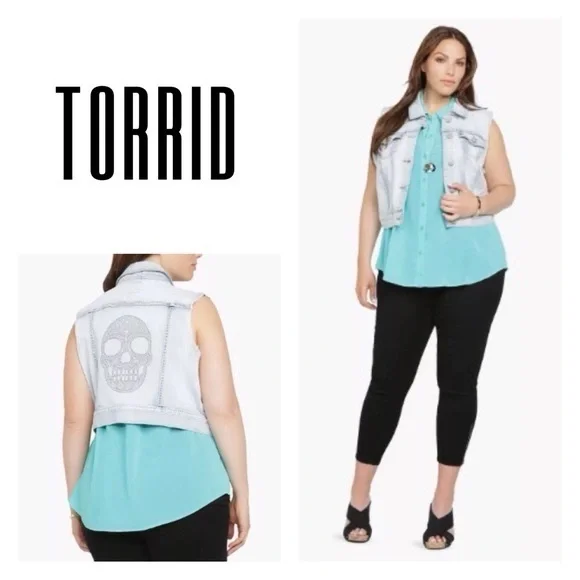 Torrid Metal Studded Skull Distressed Denim Biker Vest Stretch Outdoor Women's 0 - Picture 7 of 8